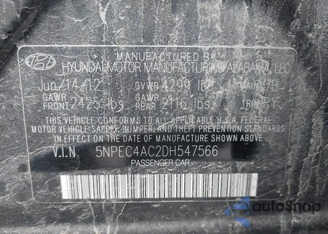 2013 Hyundai Sonata Se from USA, damaged, VIN 5NPEC4AC2DH547566